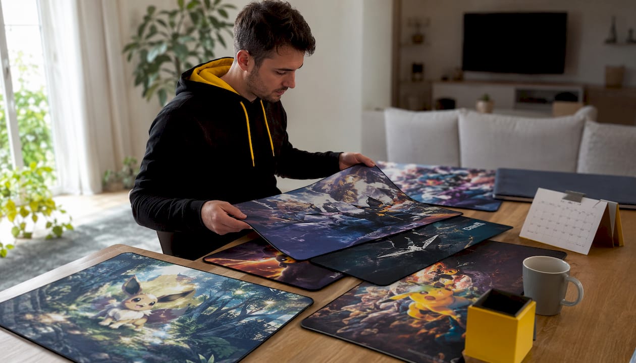Des mains présentent une sélection de tapis adaptés à différents styles de joueurs