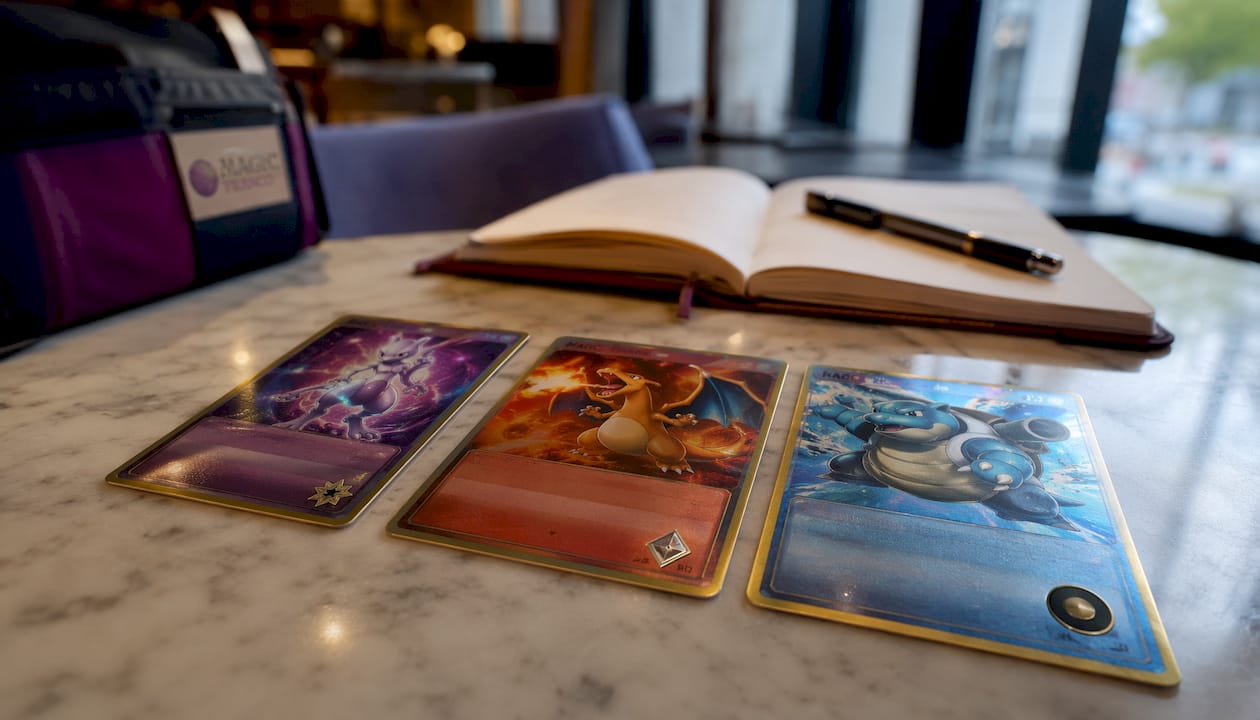 Gros plan sur des cartes Pokémon mettant en avant les symboles de rareté.