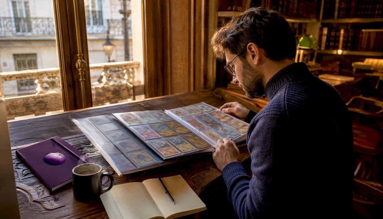Un homme parcourt soigneusement son classeur rempli de cartes Pokémon certifiées CGC.
