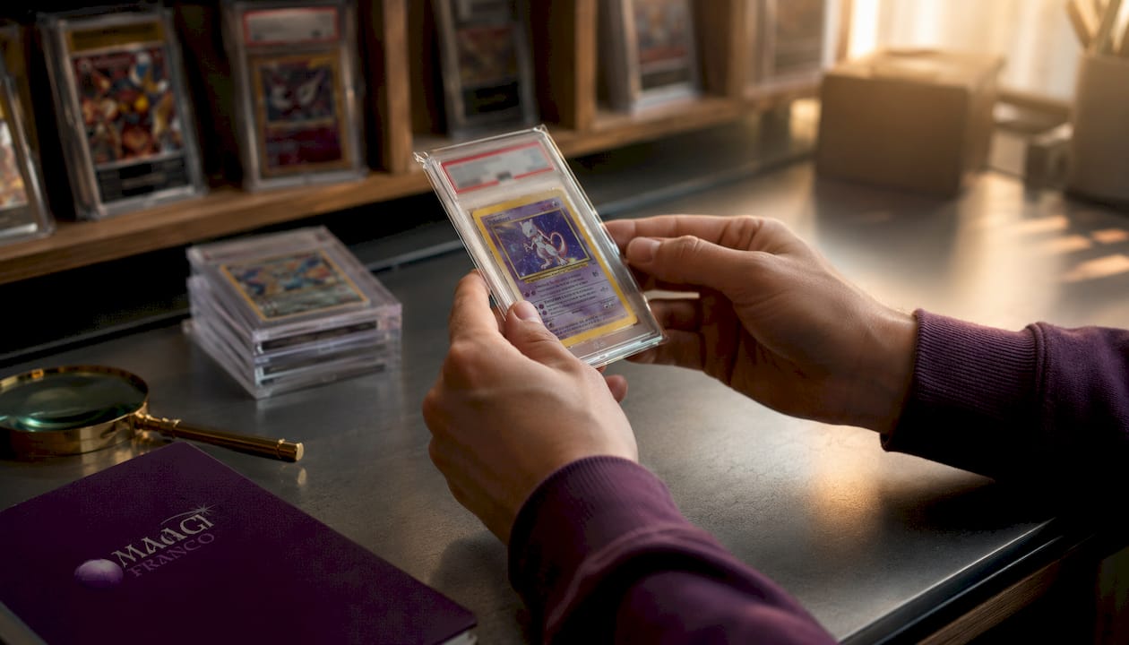 Des mains qui présentent fièrement une carte Pokémon authentifiée par PSA